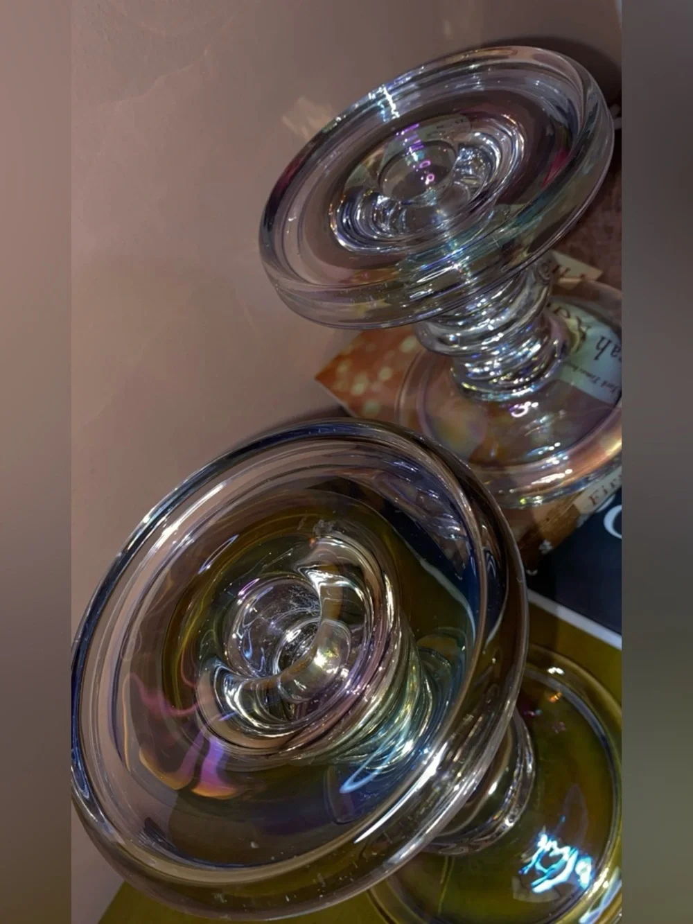 KROSNO POLAND Crystal Pillar & Tapered Candle Holders Iridescent Rainbow Set/2